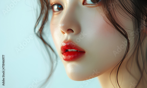 close-up of a beautiful young Asian contours of her face  Model perfect  for lip  cosmetic  and skincare advertising  red lip make up  perfect skin 