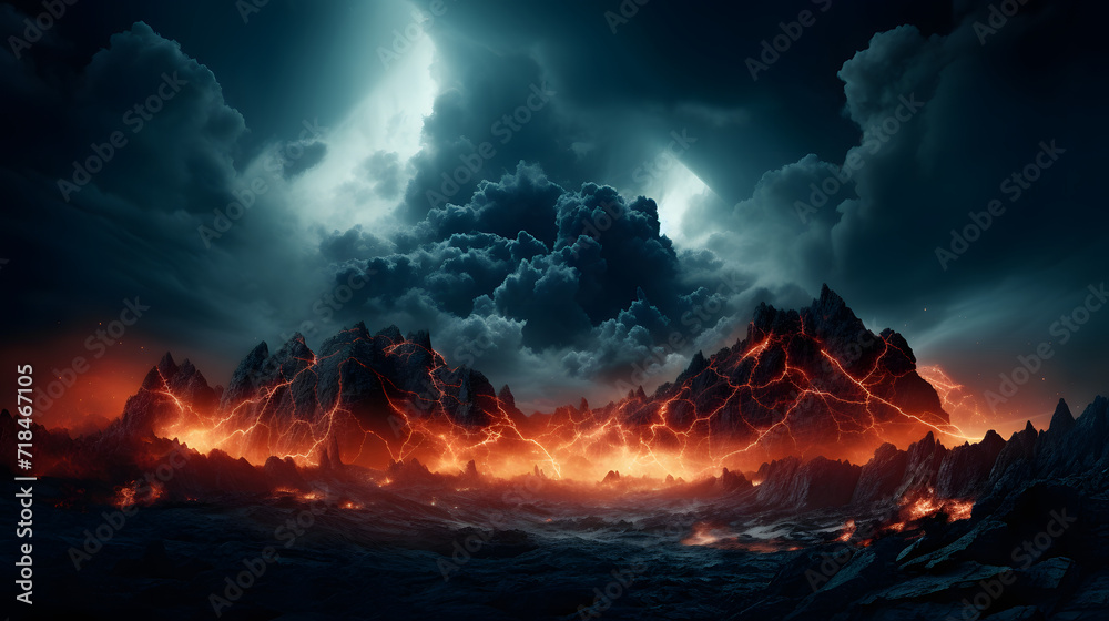 a volcano in an empty mountain field surrounded by clouds and lava