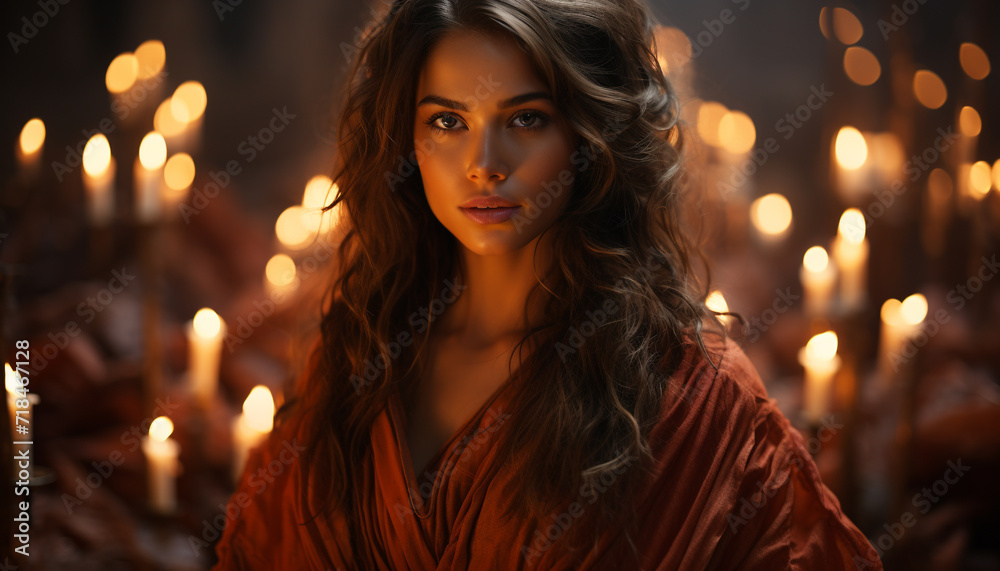 Young woman with long brown hair looking at camera, illuminated by candle flame generative AI Young woman with long brown hair looking at camera, illuminated by candle flame generative AI