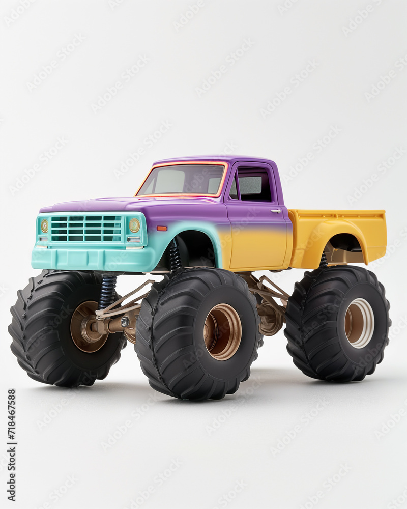Plastic retro toy monster truck, pastel colors, white background Plastic retro toy monster truck, pastel colors, white background