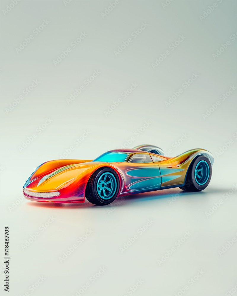 diecast retro toy race car, pastel colors, white background