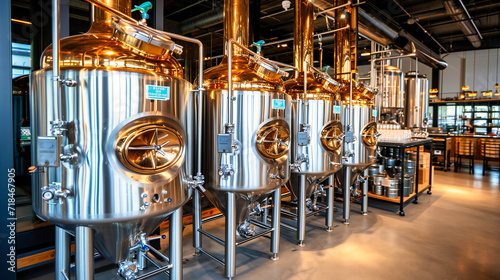 Brewery Factory Production: Steel Tanks for Fermenting Beer, Modern Equipment in Beverage Manufacturing