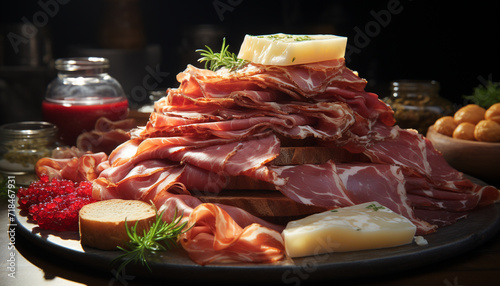 Fresh prosciutto, smoked bacon, cured ham, ready to eat gourmet snack generative AI