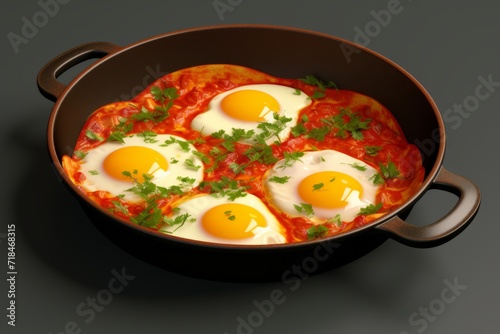 Spicy Shakshuka Style Fried Eggs, Served in a Yellow Pan on an Isolated Background, Generative AI