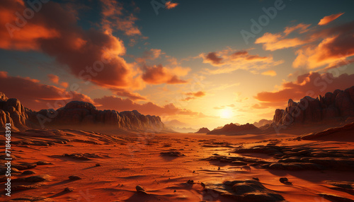 Sunset over the majestic mountain range reflects on tranquil water generated by AI © Jemastock