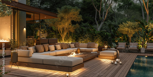 a modern outdoor space with lighting and decking photo