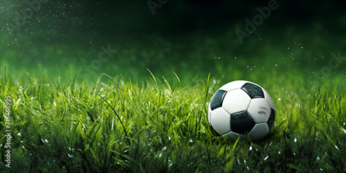 Soccer ball on the grass with bokeh, Soccer ball in the stadium on a black background. 3d rendering illustration.