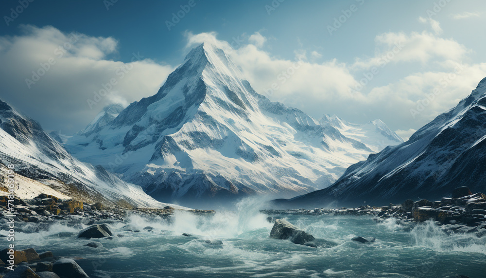 Snow covered mountain peak in a majestic winter landscape, breathtakingly beautiful generated by AI