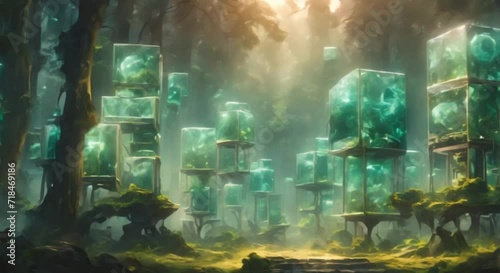 colorful cyberpunk cubes in the middle of the forest