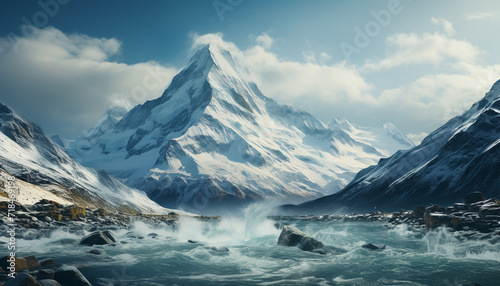 Snow covered mountain peak in a majestic winter landscape, breathtakingly beautiful generated by AI