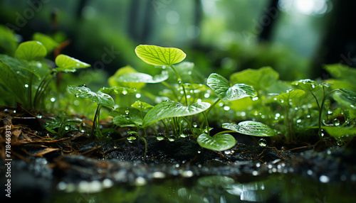 Fresh green leaves in a wet meadow  symbolizing nature beauty generated by AI