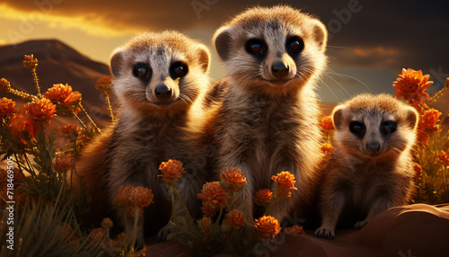 Cute small lemurs sitting in grass, looking at camera generated by AI