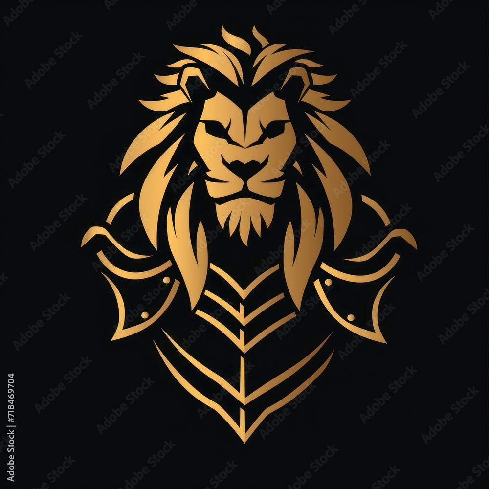 Obraz premium A gold lion logo incorporating a defense concept, conveying a sense of sturdiness, strength, elegance, modernity, luxury, and boldness for the company