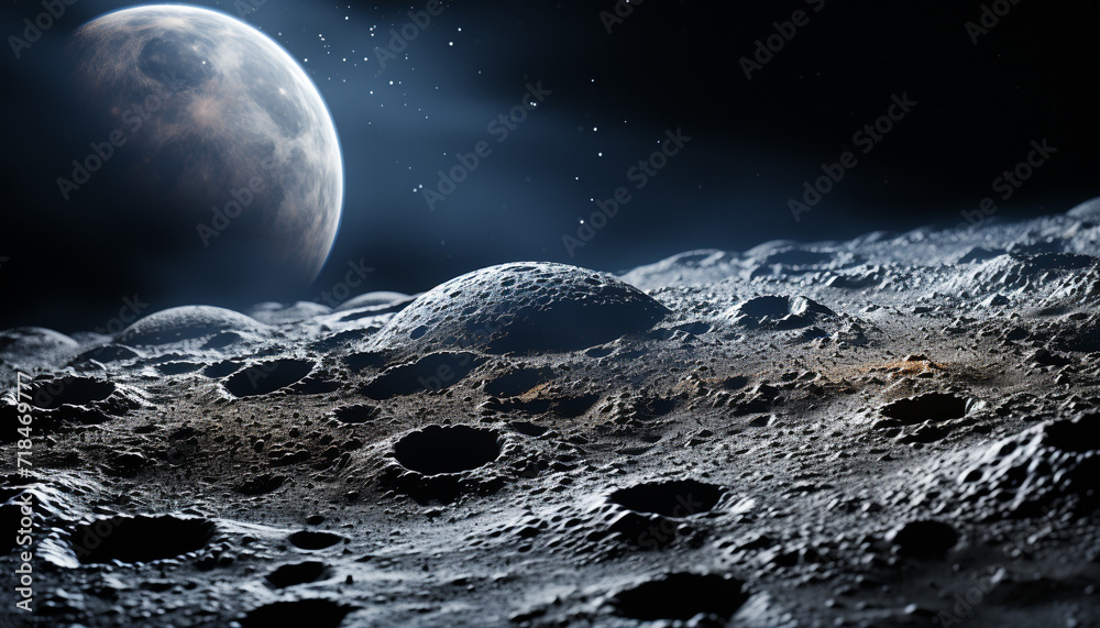 Night sky glows with stars, moonlight illuminates planetary moon orbiting generated by AI