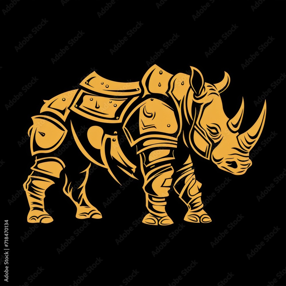 Fototapeta premium A gold rhino logo incorporating a defense concept, conveying a sense of sturdiness, strength, elegance, modernity, luxury, and boldness for the company