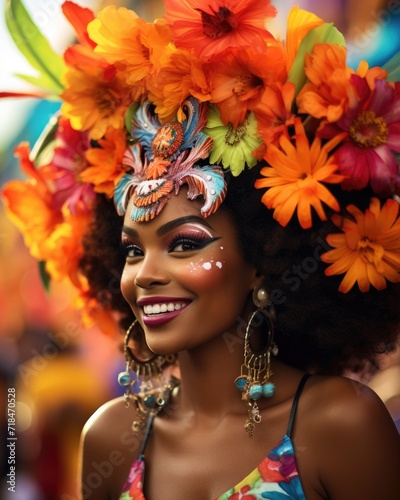 Joyful carnival dancer in a feathered costume.