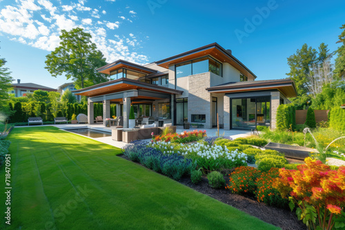 Contemporary suburban home with a landscaped backyard and outdoor kitchen