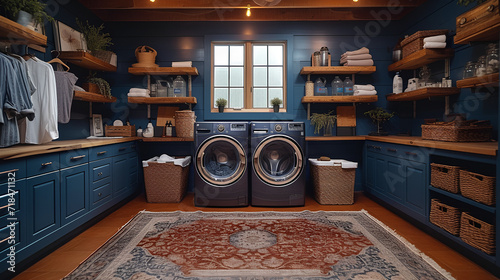 Laundry room - perfect symmetry - washer and dryer - clothes hamper - storage - shelves - plenty of space  photo