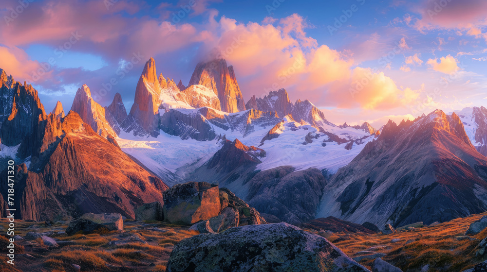 Panorama of towering mountain peaks with the warm golden light of the rising sun