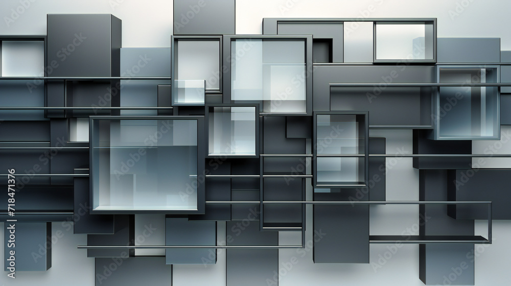 Futuristic Geometric Patterns and Abstract Squares in a Modern Digital Design with Light Reflections and Three-Dimensional Elements