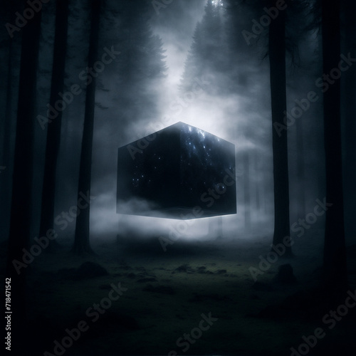 strange dark and ominous cube shape with lights on it standing alone in a dark and gloomy forest at full moon light and mist created with using Generative AI Technology