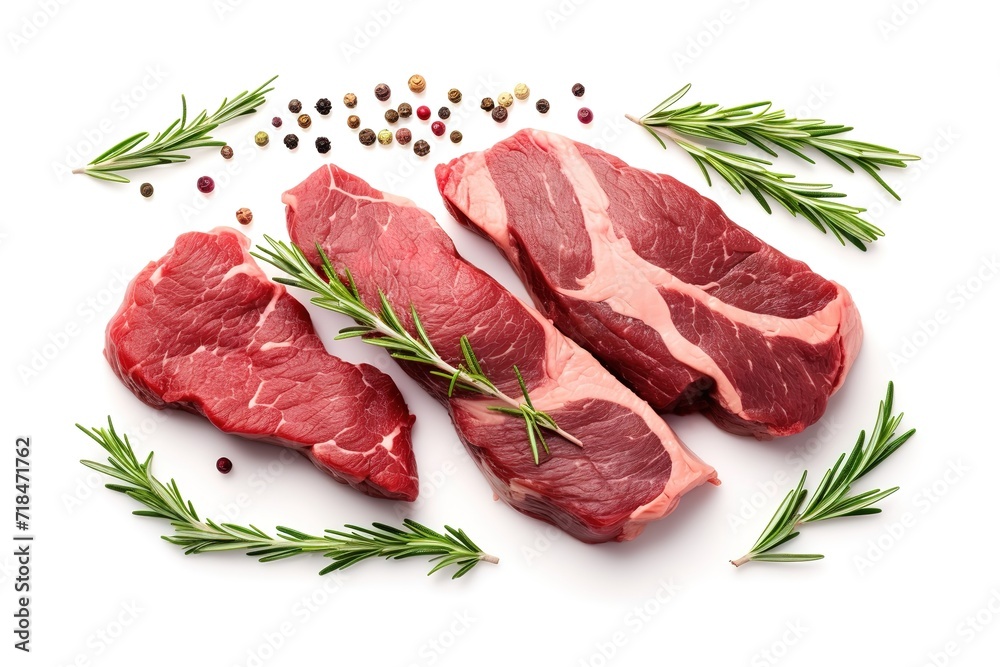 Fresh red meat slices with green rosemary leaves garnish on white background. generative AI