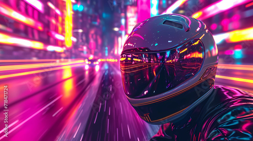 a street racer helmet in a neon-lit metropolis