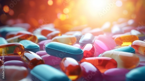 Colorful pharmaceutical pills and capsules on a reflective surface, depicting healthcare and medical treatment.