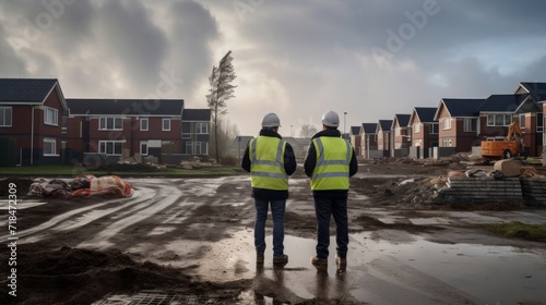 Two construction workers in safety vests survey a residential development site under a cloudy sky.
