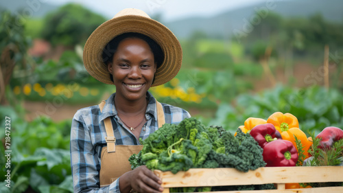 Portrait of a afro american woman farmer with organic vegetables in a field, symbolizing sustainable agriculture and eco-friendly farming.
