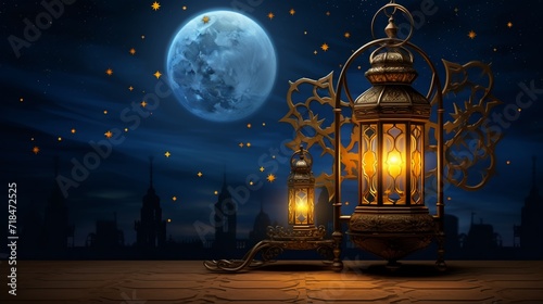 Ramadan Kareem greeting card with arabic lanterns and moon.