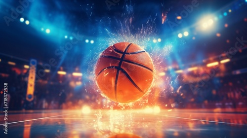 A basketball on an indoor court making a splash, with dynamic lighting and water effects.