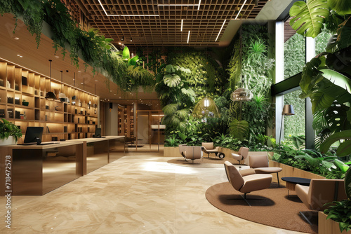 Green biophilic design of workplace office for business work photo