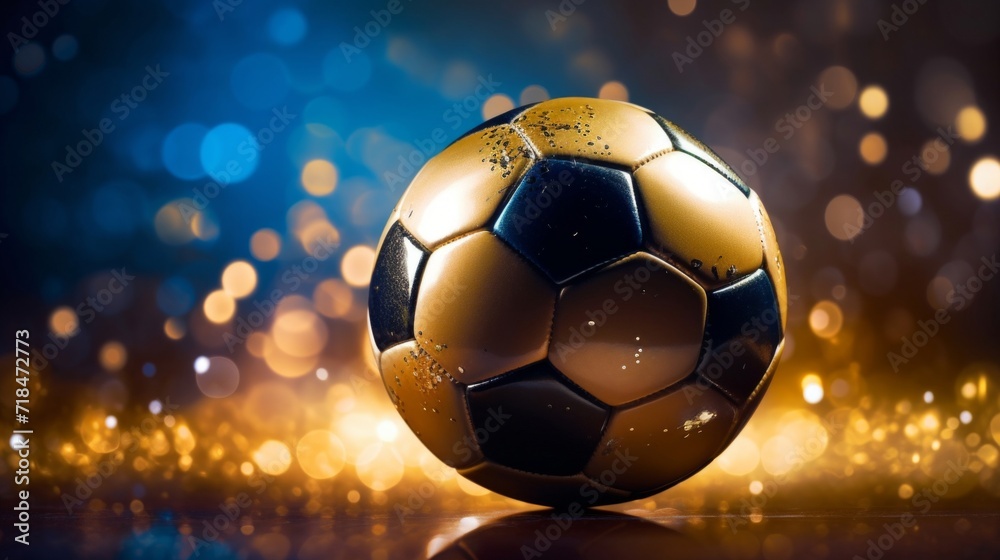 Naklejka premium A gold-colored soccer ball on a sparkling bokeh background, capturing the glamour and excitement of sport.