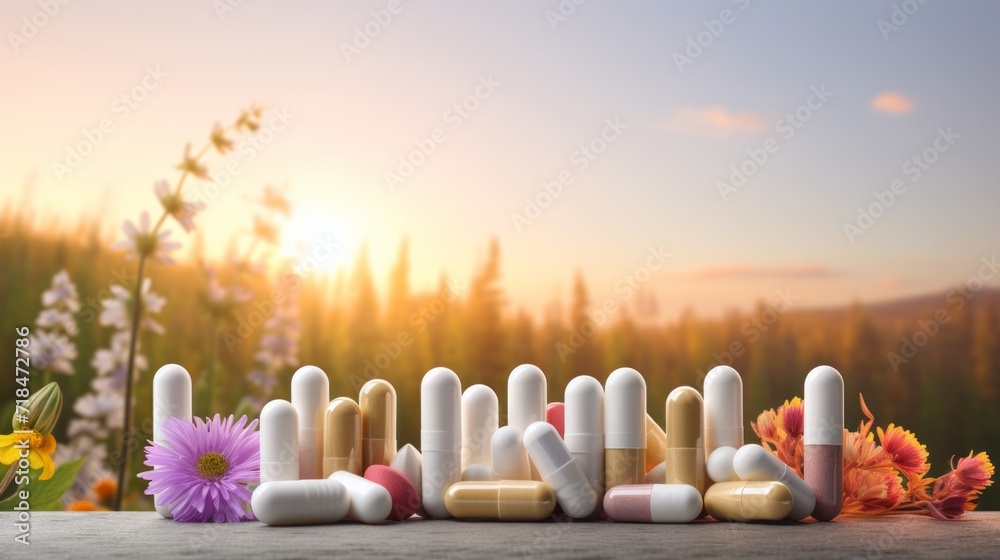 Various medicinal pills and capsules with blooming flowers during a tranquil sunset.