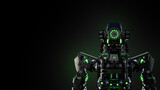 Futuristic AI Robot With Green Lights Posing Against a Dark Background. 3D rendering.