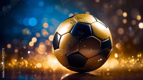 A gold-colored soccer ball on a sparkling bokeh background, capturing the glamour and excitement of sport.