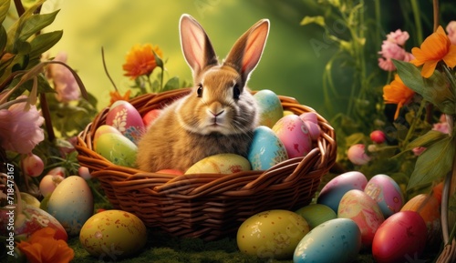 Bunny in a nest with Easter eggs and spring flowers