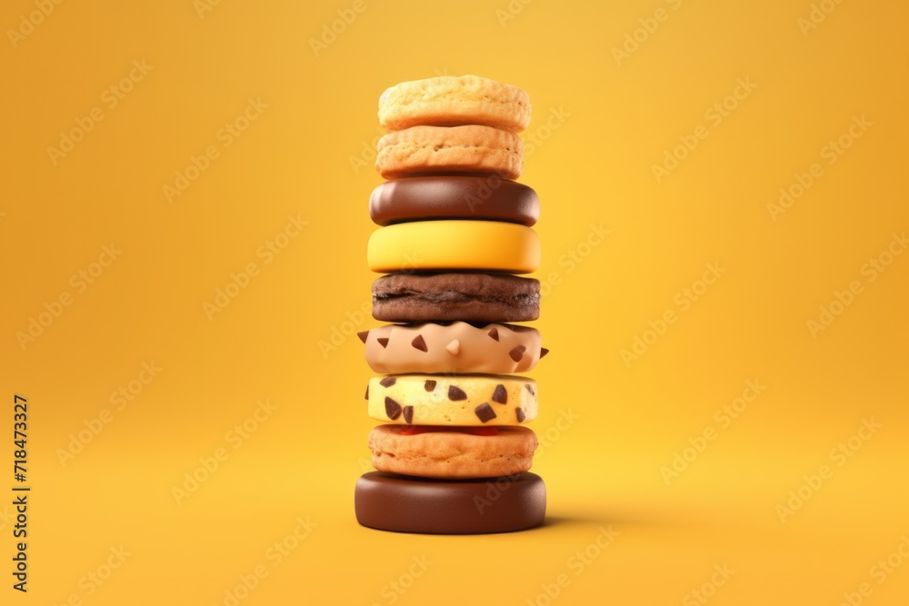 Irresistible Cookie Tower, Stacked High with a Variety of Flavors, Against a Yellow Background, Generative AI Irresistible Cookie Tower, Stacked High with a Variety of Flavors, Against a Yellow Background, Generative AI