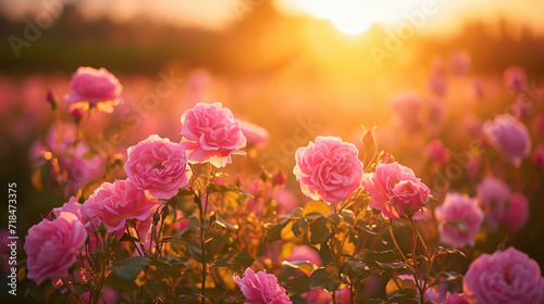 A serene sunset over a field of pink roses with soft golden light