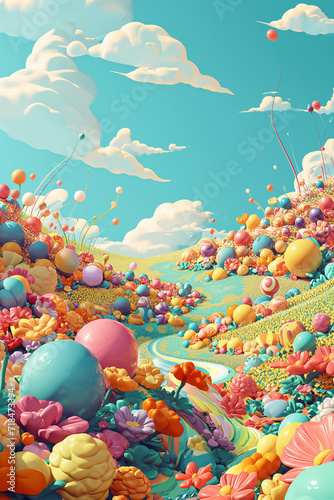 Illustration of sky with rainbow, flowers, 3D image, beautifully decorated wallpaper.