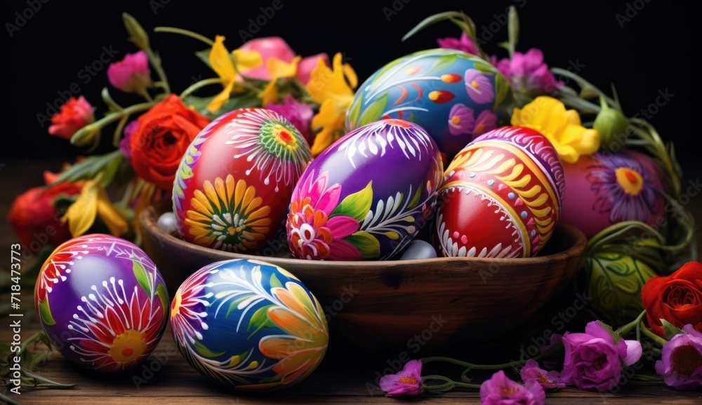Fototapeta premium Easter eggs with floral patterns on dark background with flowers.
