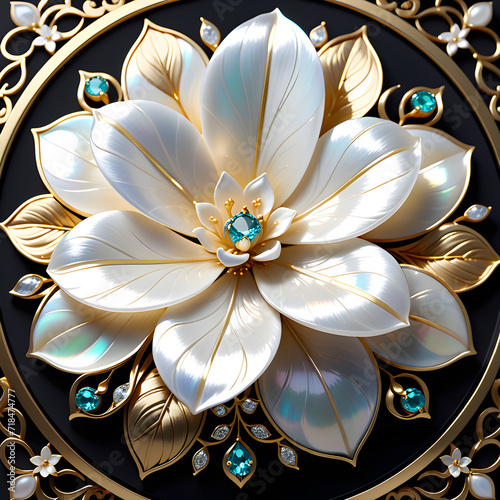 AI prompt: 4K+ graphic of an intricate jasmine flower with mother-of-pearl, gemstones, and gold for a captivating atmosphere.(Generative AI)  © chulyoung