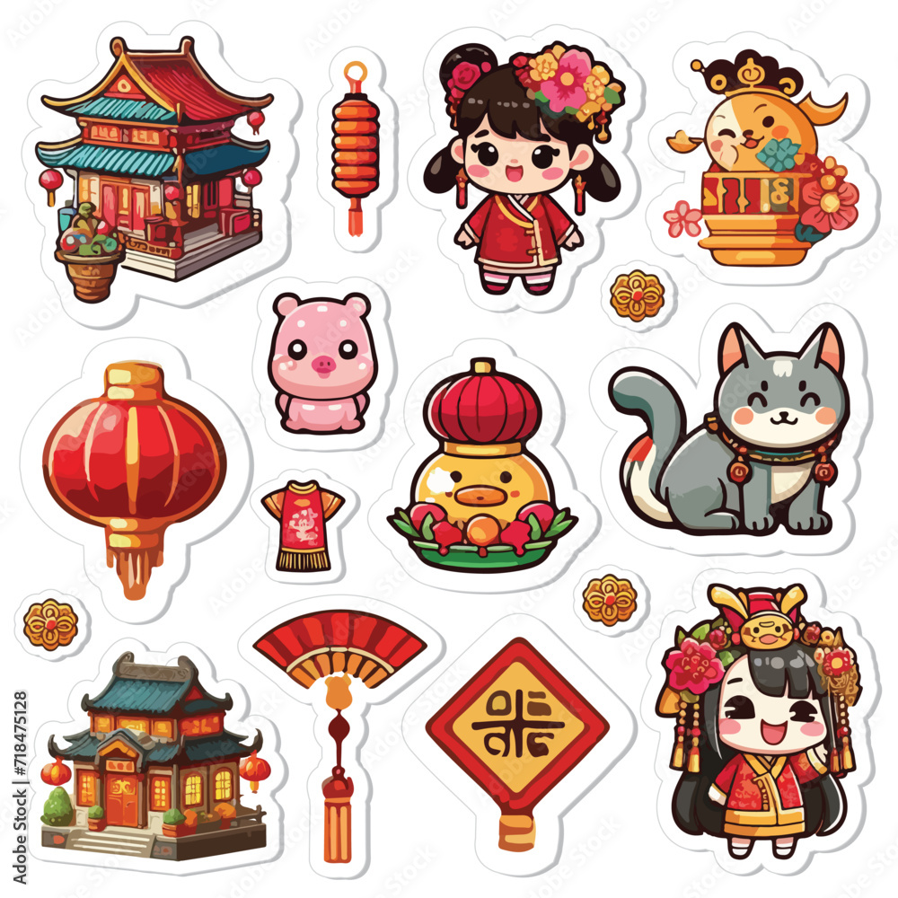 Fototapeta premium Chinese New Year sticker set printable vector illustration