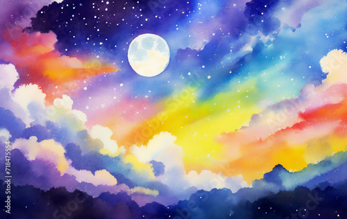夜空　夜　空　月　星空　星　雲　水彩　背景　風景　背景画像　背景素材　自然　AI生成画像