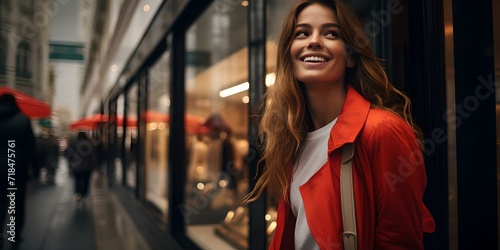 Smiling woman in a red jacket enjoys a city walk. urban lifestyle and fashion. cheerful moment captured in motion. AI © Irina Ukrainets