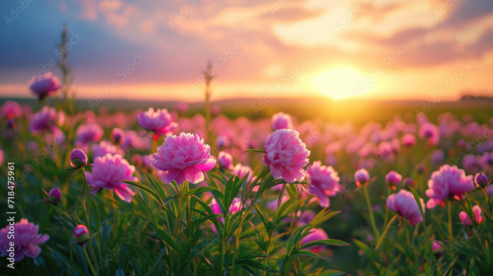 Beautiful view of a field of wild peonies at sunset