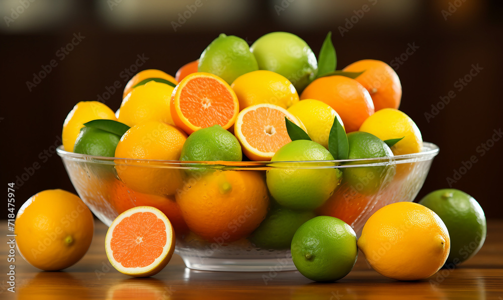 Citrus fruits in a glass bowl on the table in a restaurant Citrus fruits in a glass bowl on the table in a restaurant