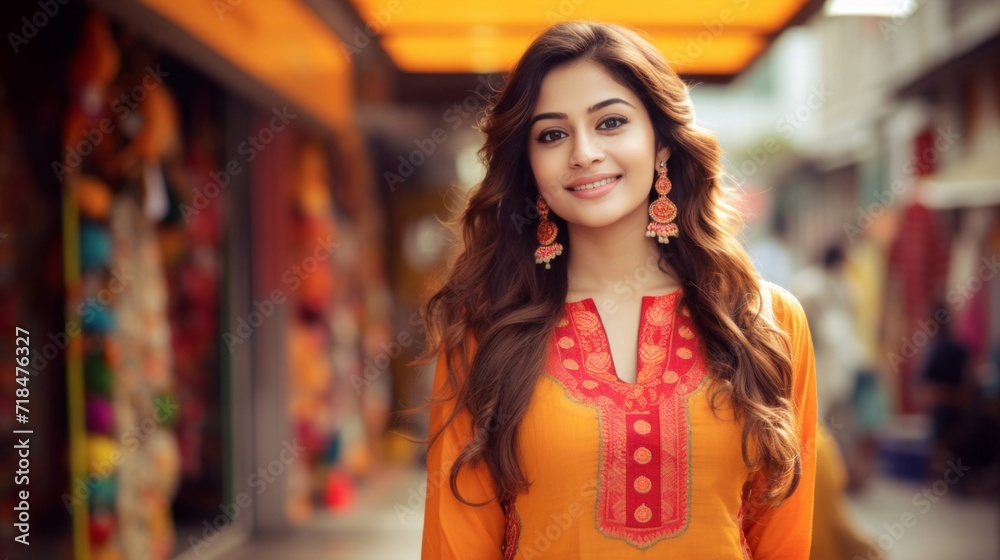 A beautiful woman smiling on a busy market street, dressed in colorful traditional Indian clothing.