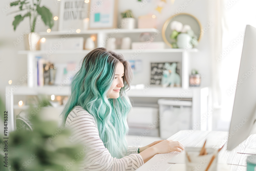 young woman with green hair working on computer at home office and smiling young woman with green hair working on computer at home office and smiling